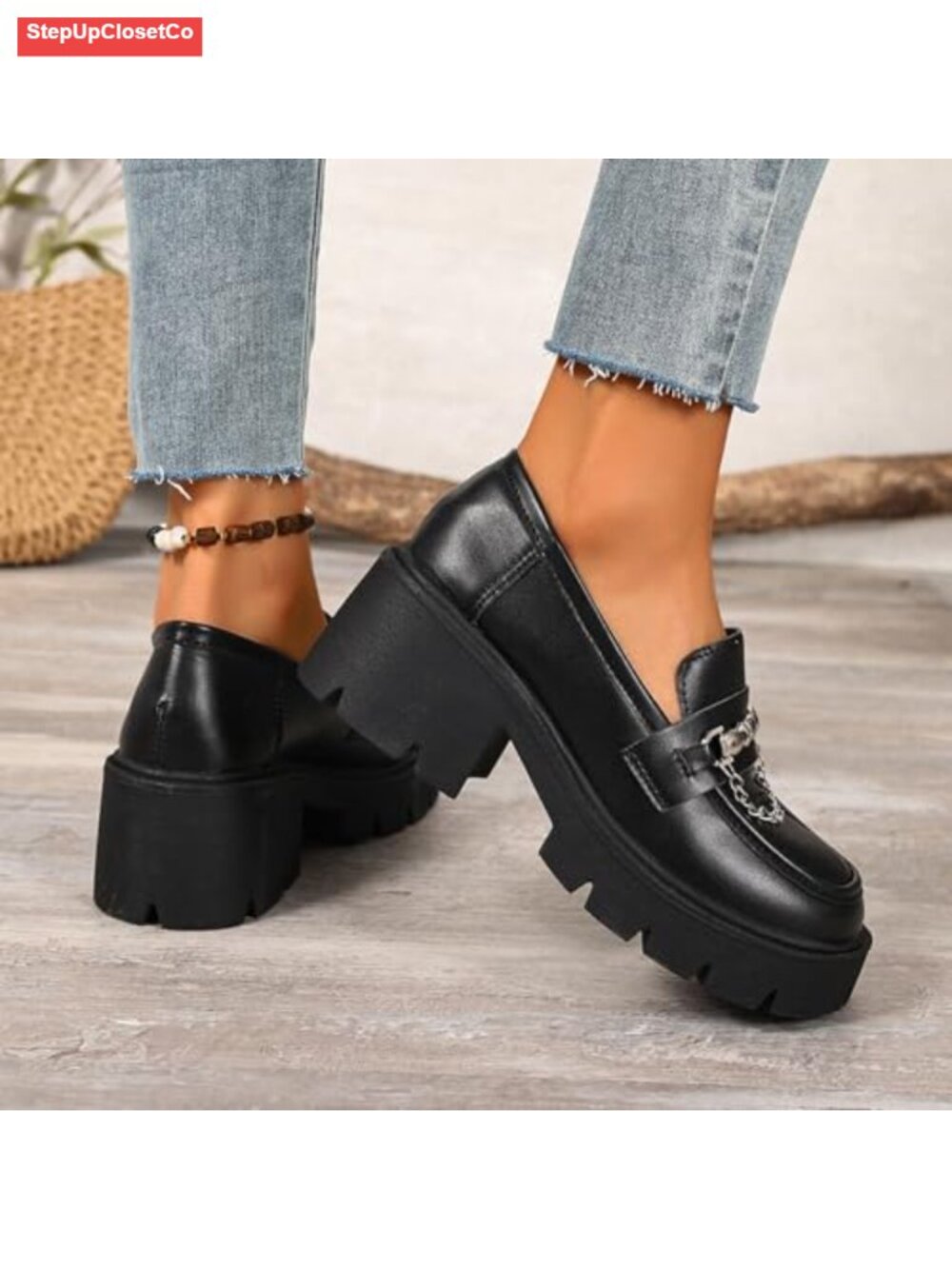 Women's Chain Chunky Heel Platform Loafers Lightweight Anti-Slip Lug Sole - Picture 2 of 6